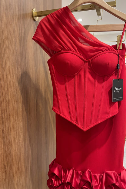 Red Heavy Stretch Crepe Two-Piece Set with Asymmetrical One-Shoulder Corset Top and Ruffled Midi Skirt Red Heavy stretch crepe Two-piece set (corset top and midi skirt) - product view 7