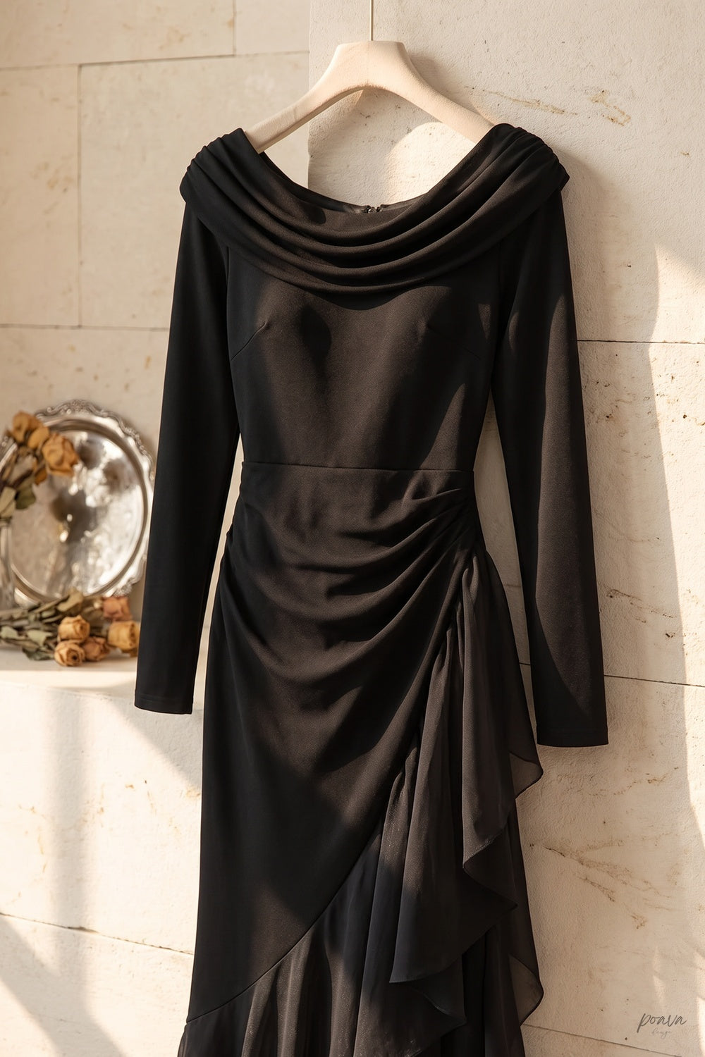 Black Mermaid Evening Gown with Sheer Ruffle Detail black opaque matte crepe evening gown - product view 7