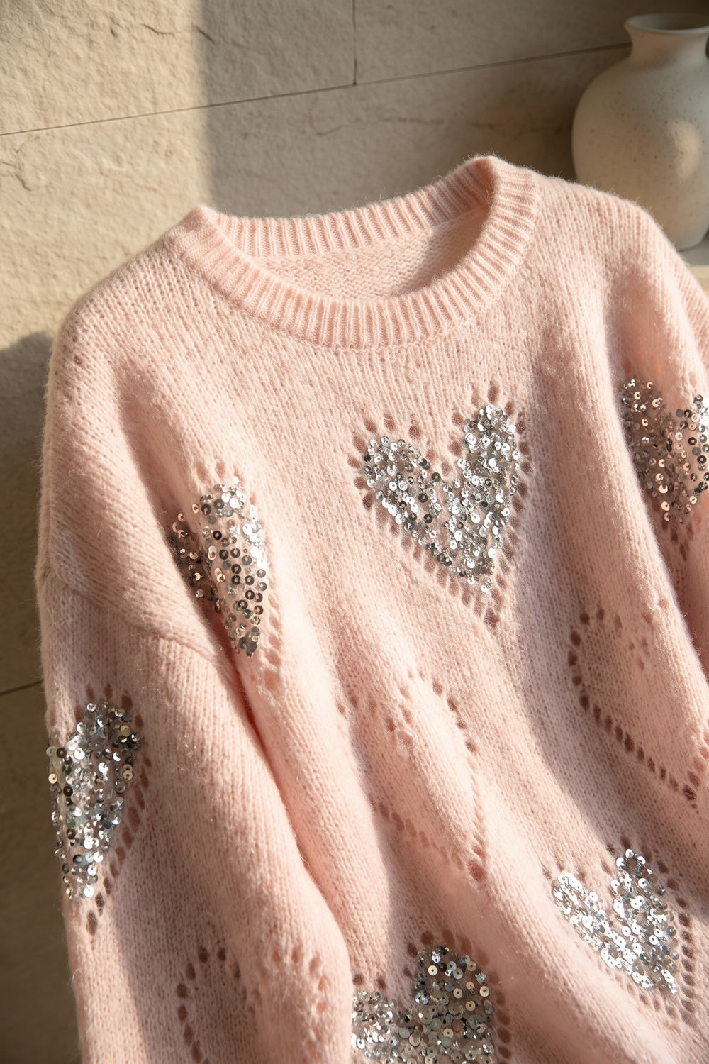 Pale Pink Fuzzy Mohair-Style Knit Oversized Sweater with Heart Motifs pale pink fuzzy mohair-style knit sweater - product view 7