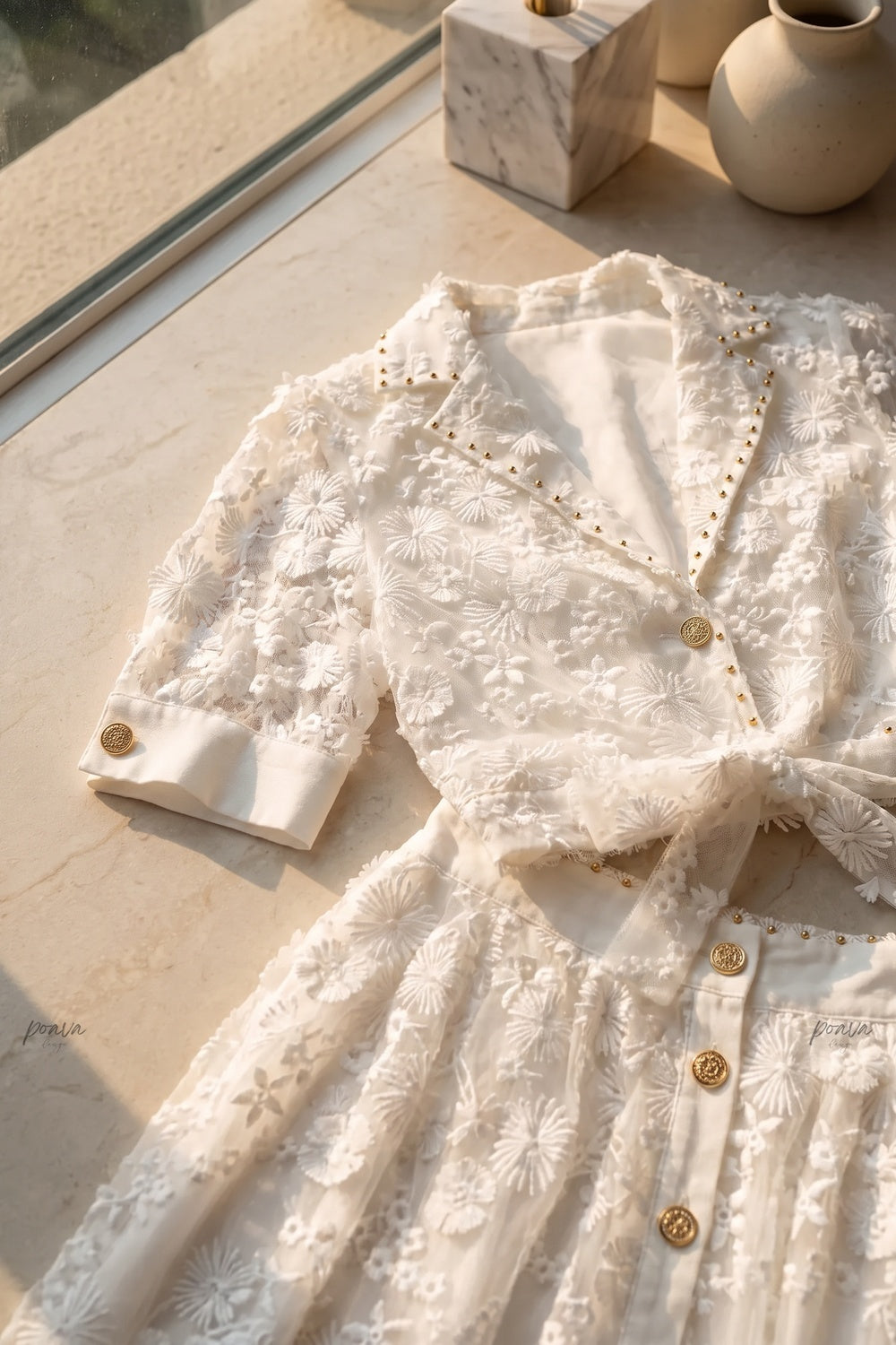 White 3D Floral Embroidery Two-Piece Set with Gold Hardware white sheer white mesh with dense 3D floral embroidery two-piece set - product view 7