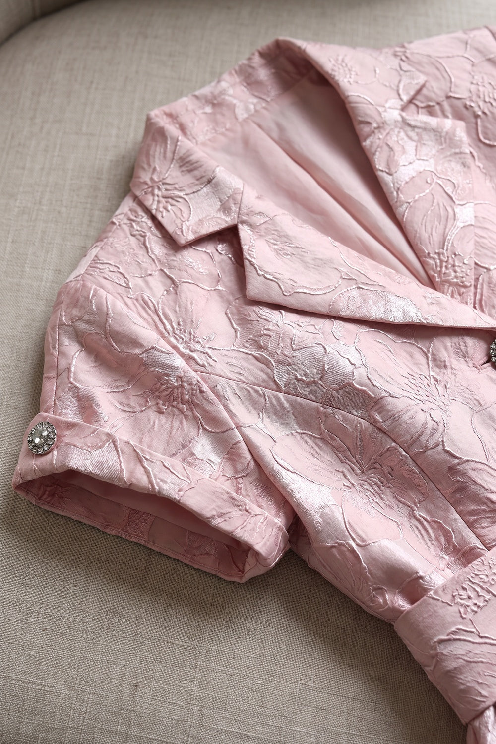 Pale Pink Floral Jacquard Fit-and-Flare Midi Dress with Metallic Sheen Pale pink Floral jacquard / brocade Midi dress - product view 7