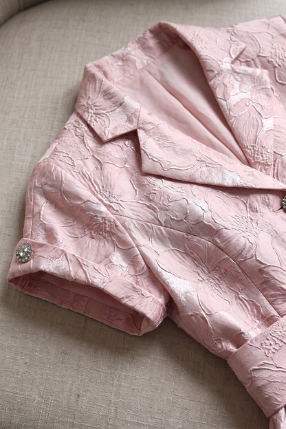 Pale Pink Floral Jacquard Fit-and-Flare Midi Dress with Metallic Sheen Pale pink Floral jacquard / brocade Midi dress - product view 7