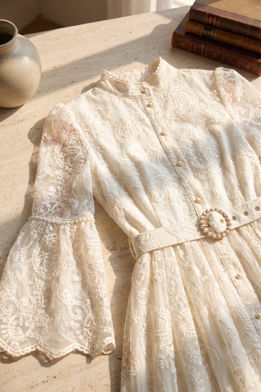 Cream Embroidered Floral Lace A-Line Dress Cream, Off-white Embroidered floral lace Dress - product view 7