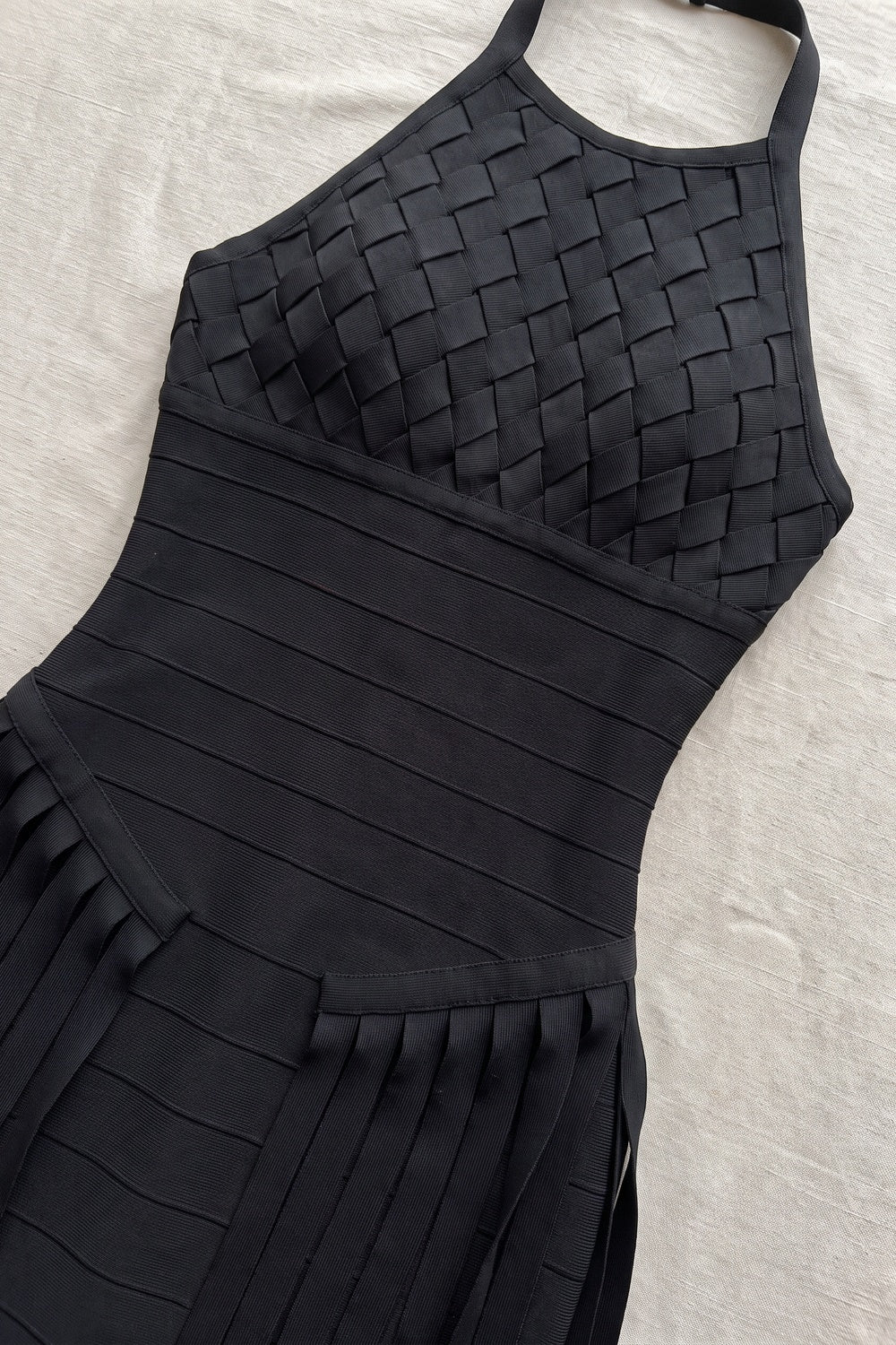 Black Bandage Knit Bodycon Gown with Fringe Overlay black bandage knit gown - product view 7