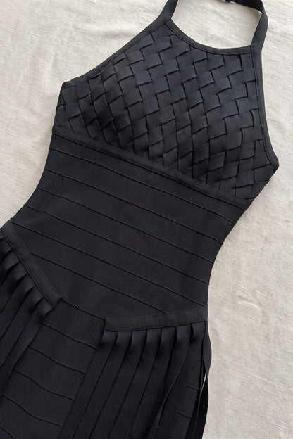 Black Bandage Knit Bodycon Gown with Fringe Overlay black bandage knit gown - product view 7