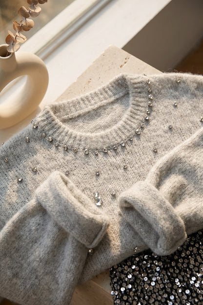 Heather Grey Fuzzy Knit Sweater with Sequin Mini Skirt Two-Piece Set Heather grey, Silver, Black Fuzzy, heathered knit (sweater); sequined woven fabric (skirt) Two-piece outfit (sweater and skirt) - product view 7