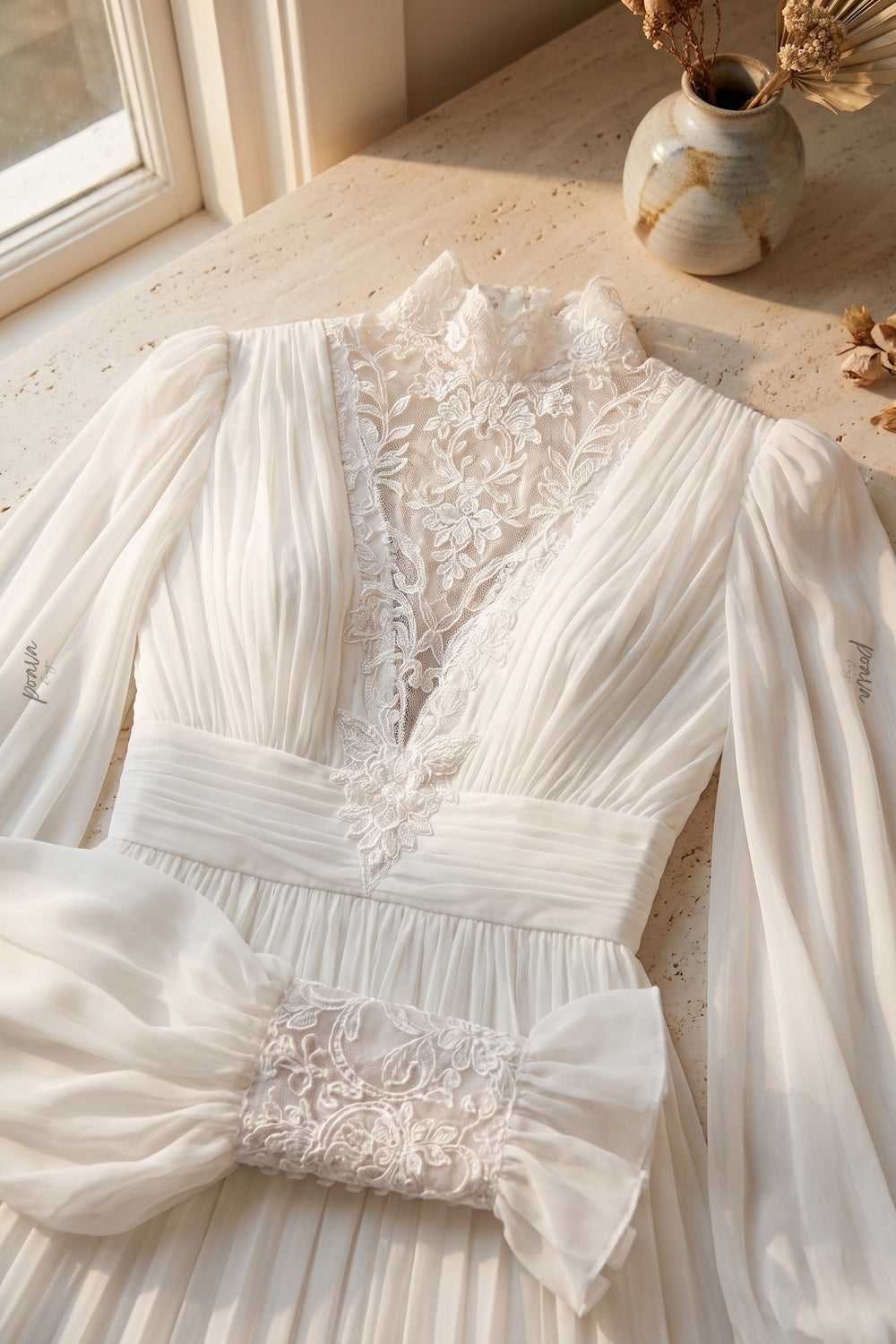 White Chiffon A-Line Gown with Lace Details white chiffon gown - product view 7