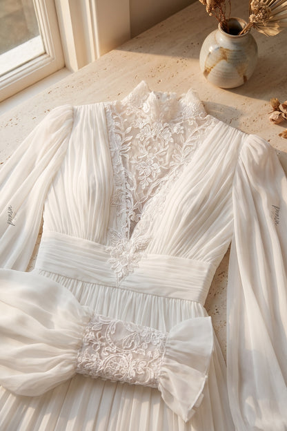 White Chiffon A-Line Gown with Lace Details white chiffon gown - product view 7