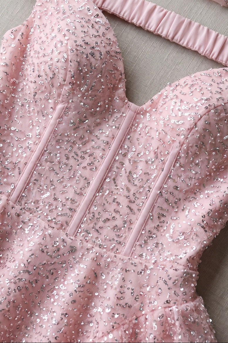 Light Pink Glitter-Embellished Tulle Fit-and-Flare Mini Dress light pink glitter-embellished tulle mini dress - product view 7