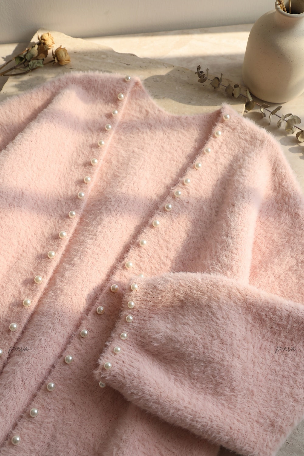 Pale Pink Eyelash Knit Oversized Cocoon Open-Front Cardigan pale pink eyelash knit long open-front cardigan - product view 7