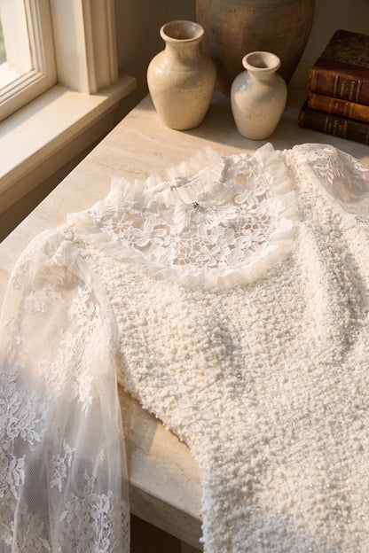 White Textured Bouclé Tweed Sheath Dress with Floral Lace Sleeves white textured bouclé tweed dress - product view 7