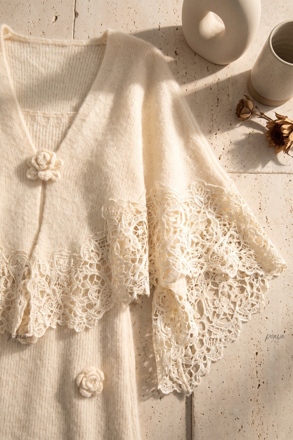 Cream Fuzzy Mohair-Blend Two-Piece Knit Set with Capelet and Rose Appliqué Maxi Dress cream, off-white fuzzy mohair-blend knit two-piece knit set (capelet and maxi dress) - product view 7