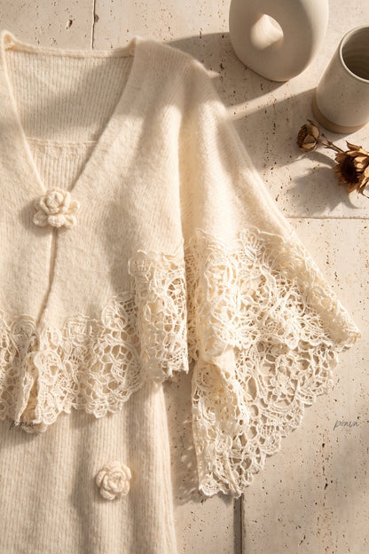 Cream Fuzzy Mohair-Blend Two-Piece Knit Set with Capelet and Rose Appliqué Maxi Dress cream, off-white fuzzy mohair-blend knit two-piece knit set (capelet and maxi dress) - product view 7