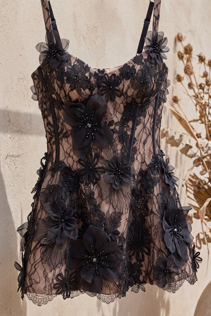 Black Lace Fit-and-Flare Mini Dress with 3D Floral Appliqués black lace dress - product view 5