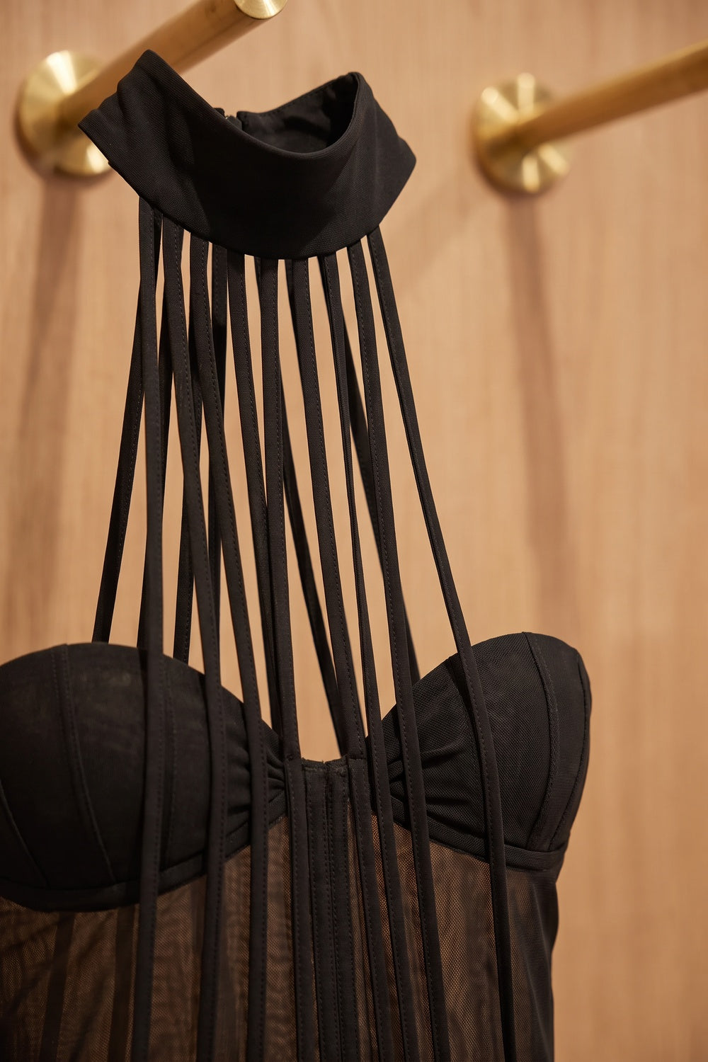 Black Sheer Mesh and Stretch Jersey Bodycon Mini Dress with Asymmetrical Side Train black sheer mesh and stretch jersey mini dress - product view 7