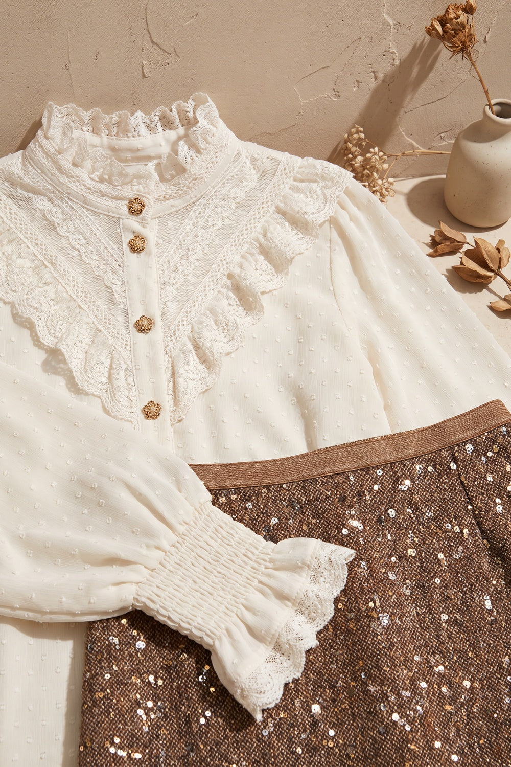 Off-White Dotted Swiss Blouse & Brown Tweed Sequin Mini Skirt Two-Piece Set Off-white, Medium brown Sheer dotted swiss chiffon (blouse); textured wool-blend tweed (skirt) Two-piece set (blouse and mini skirt) - product view 7