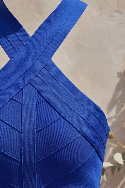 Royal Blue Heavy Stretch Knit Bodycon Dress with Criss-Cross Halter royal blue heavy stretch knit dress - product view 7