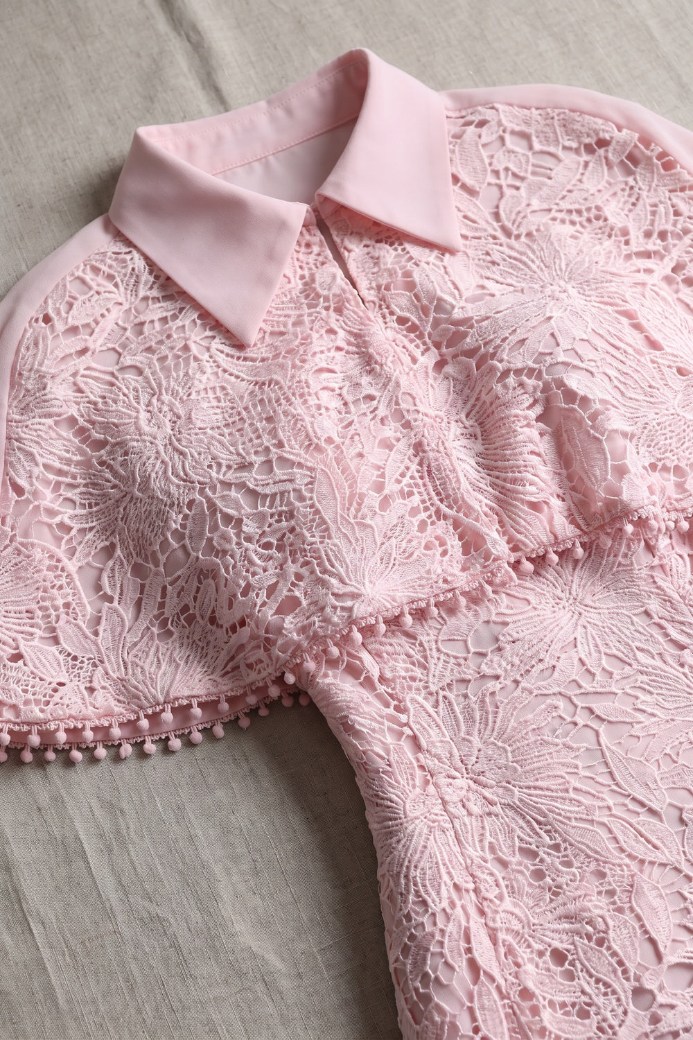 Pastel Pink Floral Lace Fitted Bodice with Flared Mermaid-Style Skirt Dress with Matching Capelet pastel pink floral lace dress with matching capelet - product view 7