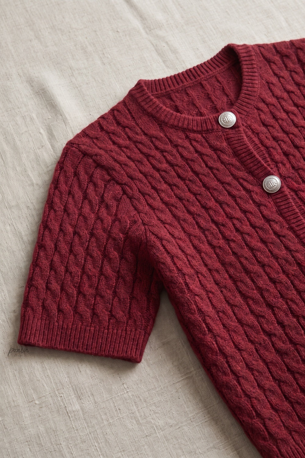 Burgundy Cable-Knit Wool Blend Fitted Short-Sleeve Cardigan burgundy cable-knit wool blend cardigan - product view 7