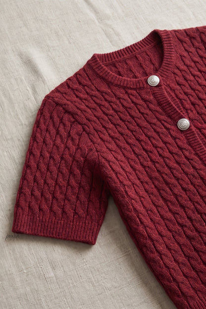 Burgundy Cable-Knit Wool Blend Fitted Short-Sleeve Cardigan burgundy cable-knit wool blend cardigan - product view 7