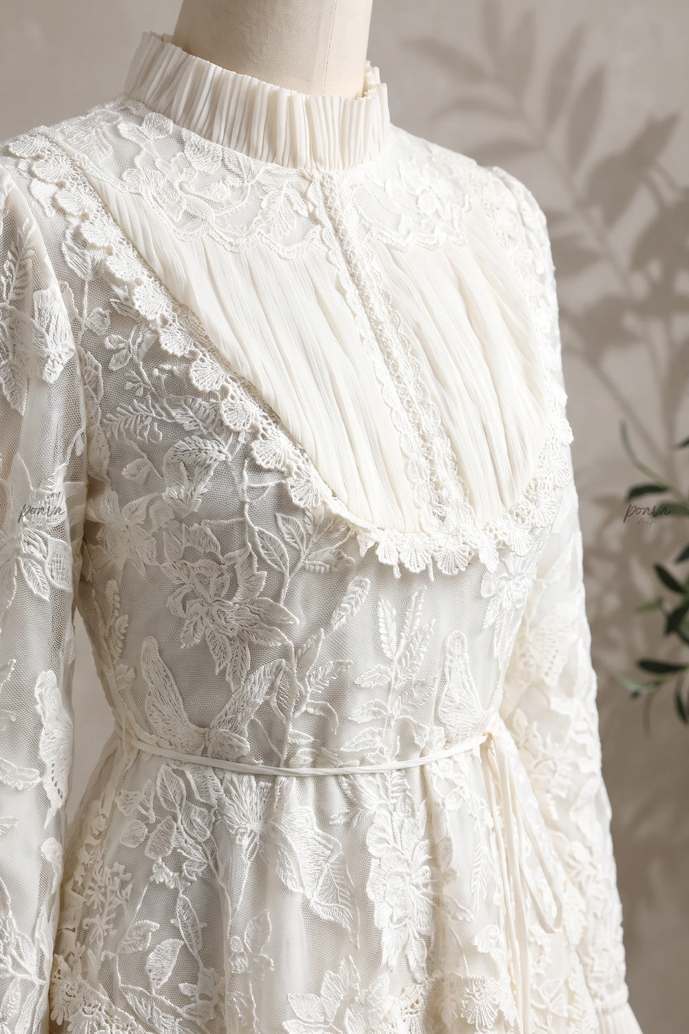 Ivory Floral Embroidered Lace A-line Maxi Dress with Tiered Waist Overlay Ivory Floral embroidered lace Maxi dress - product view 6