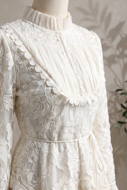 Ivory Floral Embroidered Lace A-line Maxi Dress with Tiered Waist Overlay Ivory Floral embroidered lace Maxi dress - product view 6