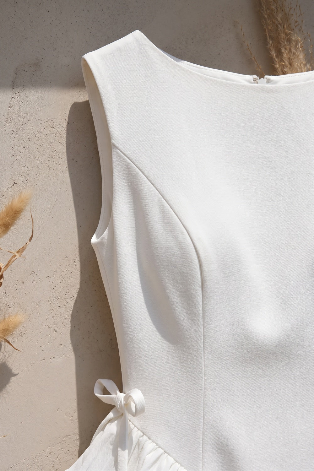 White Structured Crepe A-Line Dress with Side Ruffles white structured crepe or heavy woven blend dress - product view 7