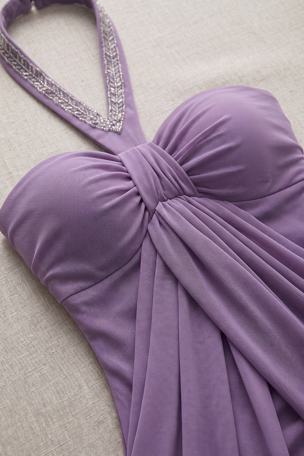 Lavender Mesh Jersey Mermaid-Column Draped Overlay Gown lavender mesh jersey gown - product view 7