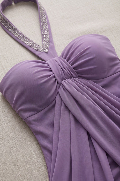 Lavender Mesh Jersey Mermaid-Column Draped Overlay Gown lavender mesh jersey gown - product view 7