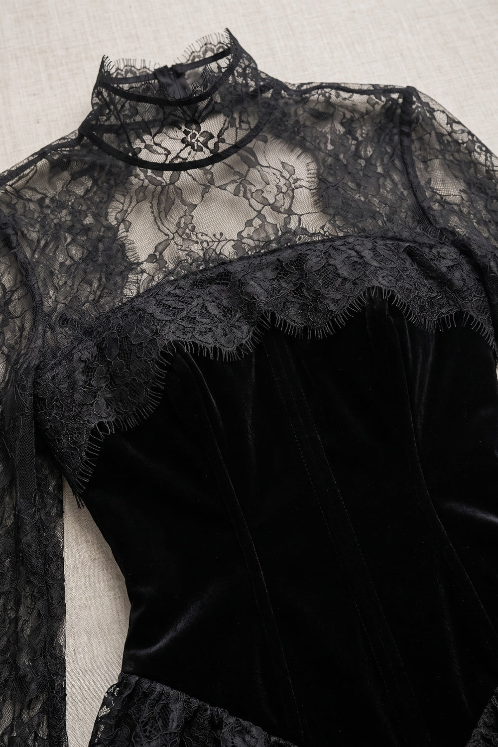 Black Velvet Corset Evening Gown with Lace Cape Sleeves and Satin Skirt black velvet bodice, satin skirt evening gown - product view 7
