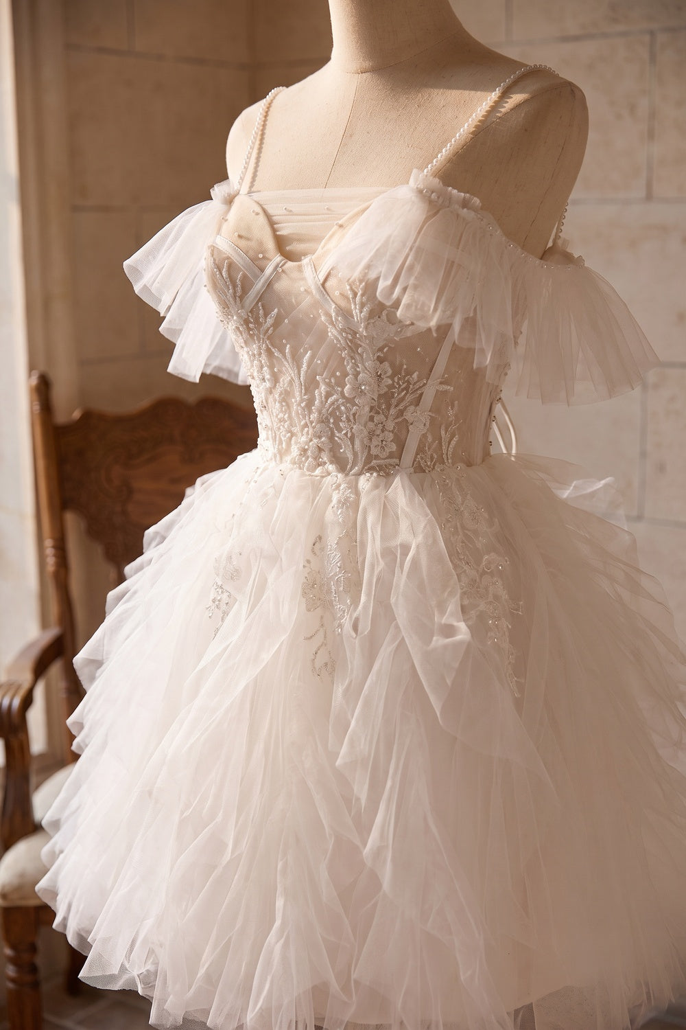 White Tulle Fit-and-Flare Mini Dress with Floral Lace Appliqué white tulle dress - product view 7
