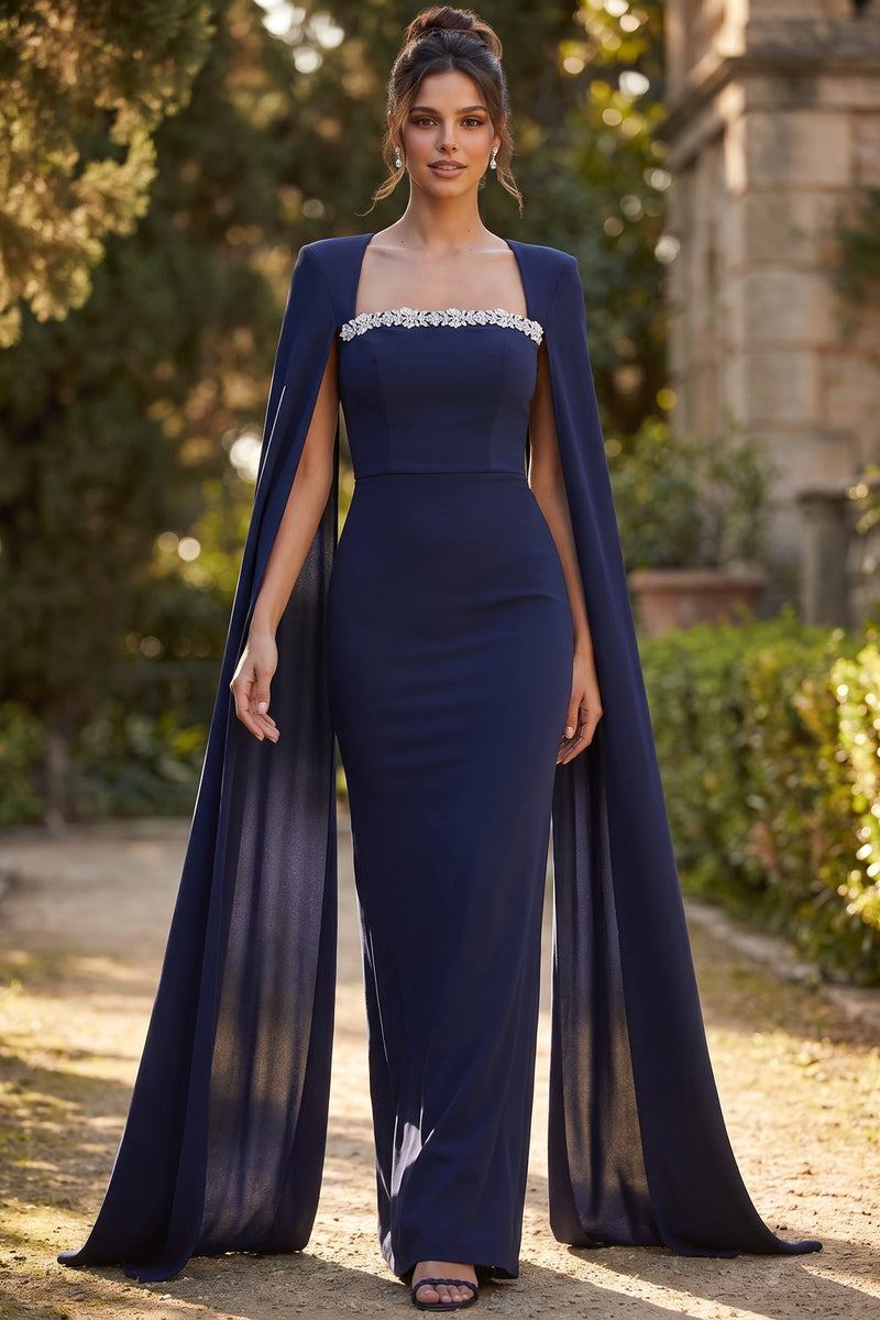 Navy Beaded Cape Sleeve Mermaid Evening Gown