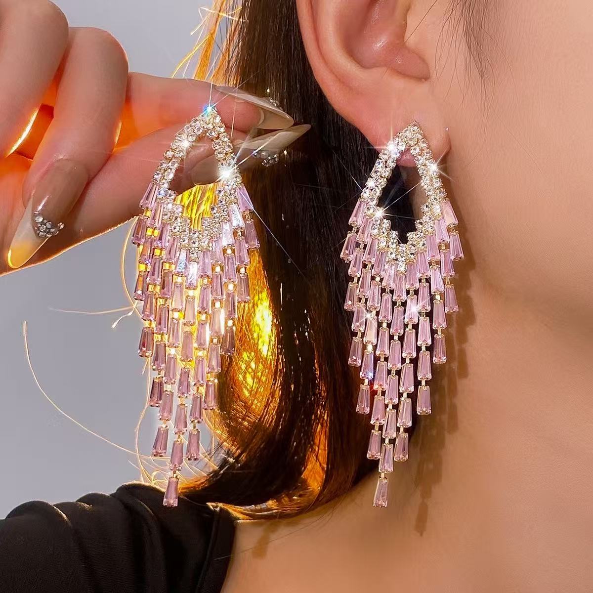 Teardrop Frame Aqua Baguette Crystal Tassel Drop Earrings