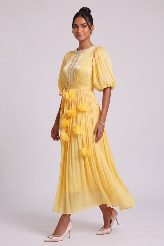 Yellow Midi Dress with Beaded Neckline and 3D Floral Appliqués Premium Fabric - product view 1