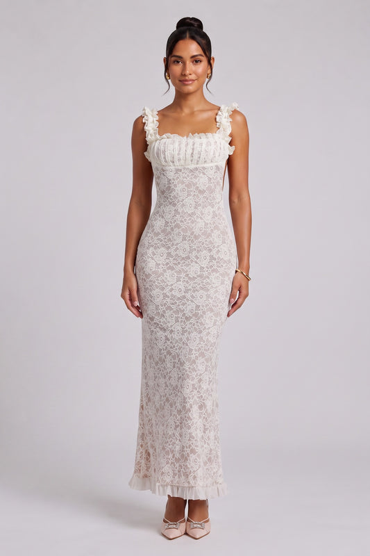 White Lace Maxi Dress with Ruffled Square Neckline Premium Fabric - product view 1