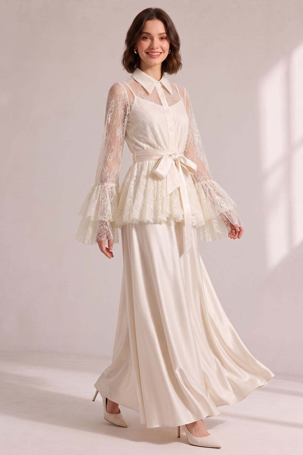 Cream Lace Flare Sleeve Shirt Top Satin Cami Sash Belt Wide Leg Maxi Pants Three-Piece Set
