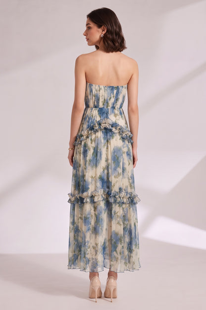 Blue Floral Strapless Tiered Midi Dress Premium Fabric - product view 1
