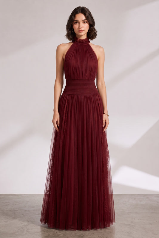 Burgundy Halter Neck Pleated Maxi Dress Premium Fabric - product view 1
