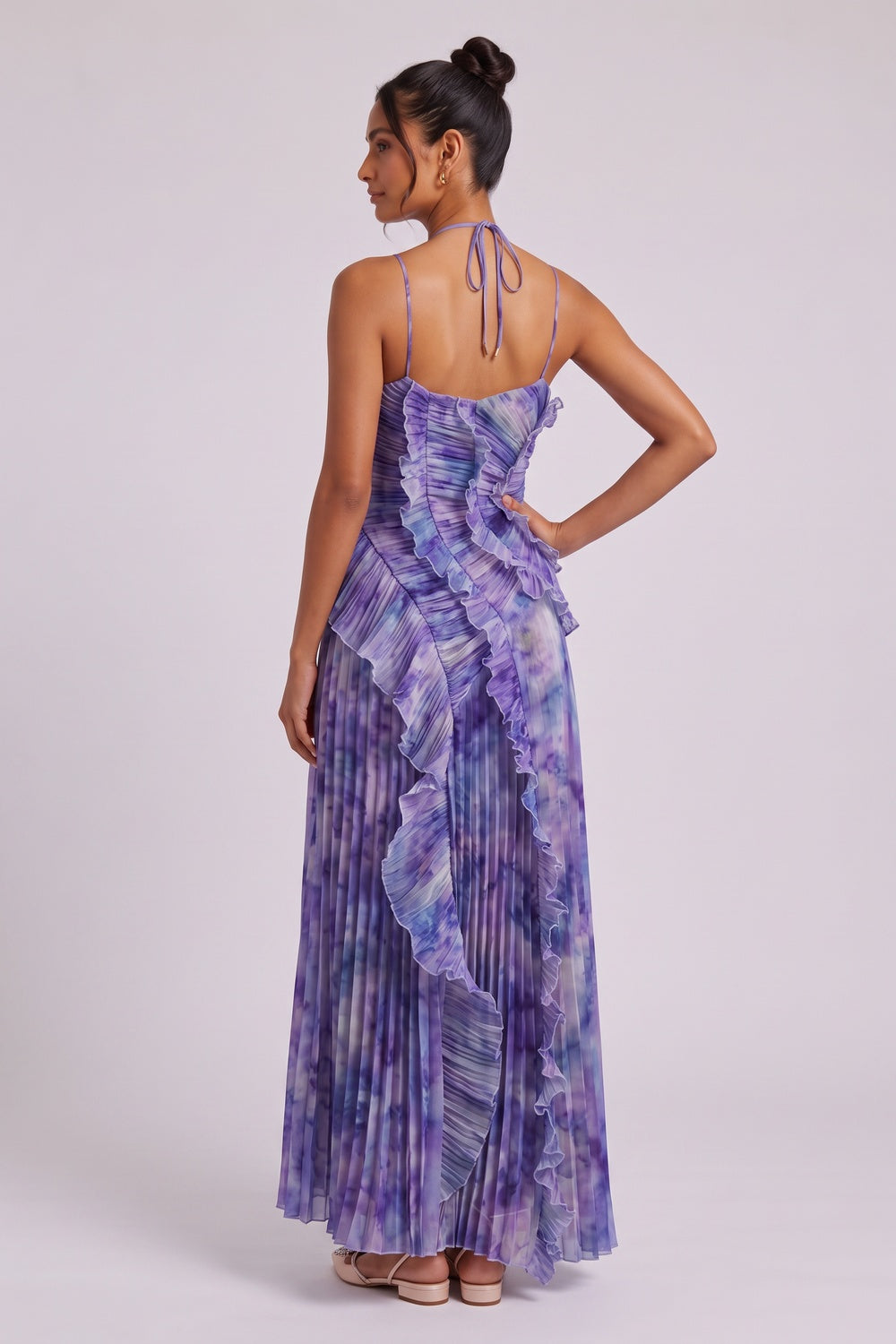 Purple Tie-Dye Pleated Chiffon A-Line Maxi Dress purple, violet pleated chiffon maxi dress - product view 5