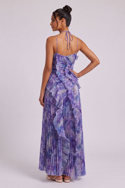 Purple Tie-Dye Pleated Chiffon A-Line Maxi Dress purple, violet pleated chiffon maxi dress - product view 5