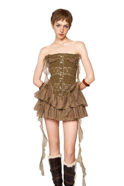 althea ruffle trim fish bones mini dress in brown