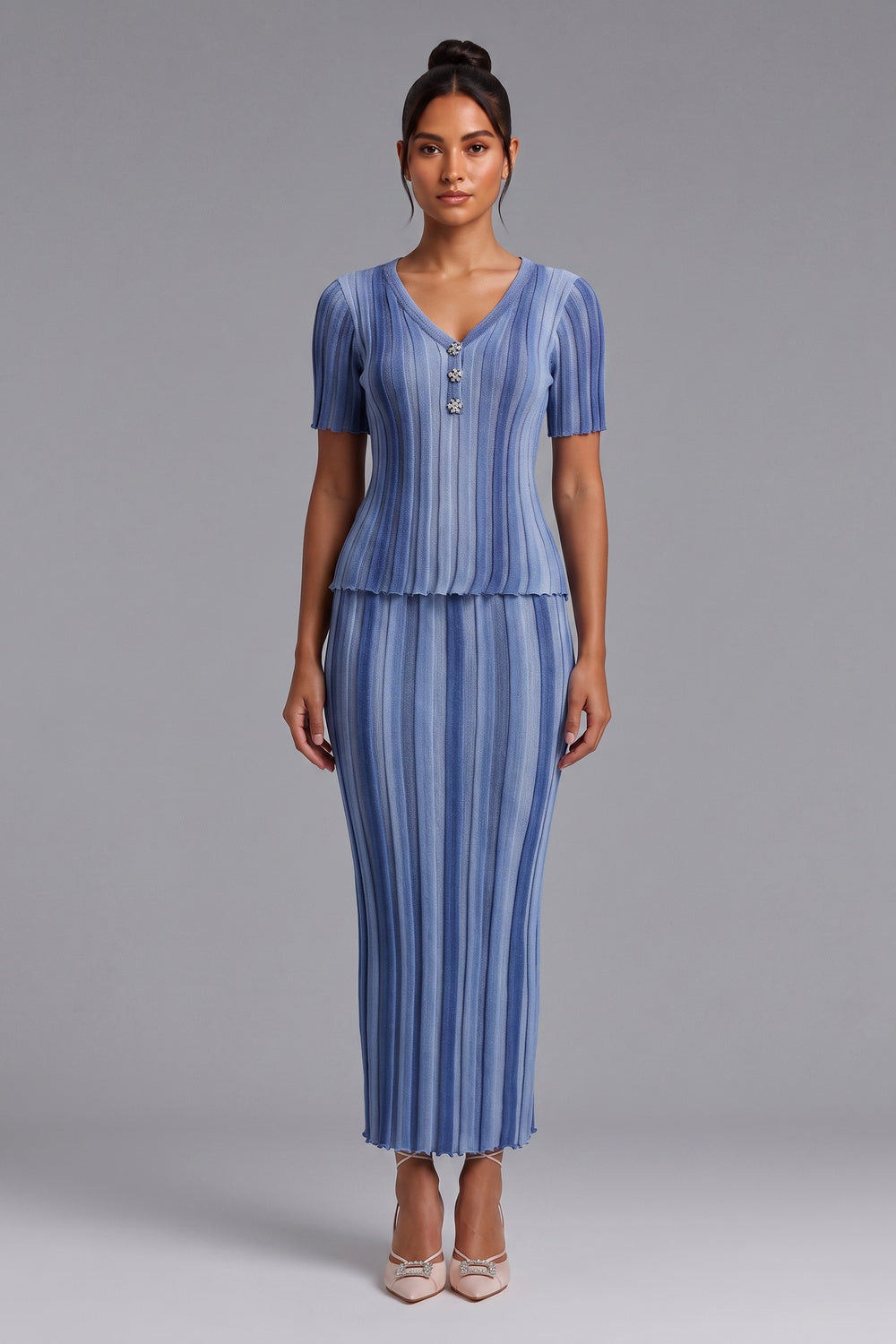 Light Blue Ribbed Knit Two-Piece Set with Gradient Stripes light blue, medium blue, denim blue ribbed knit two-piece set - product view 1
