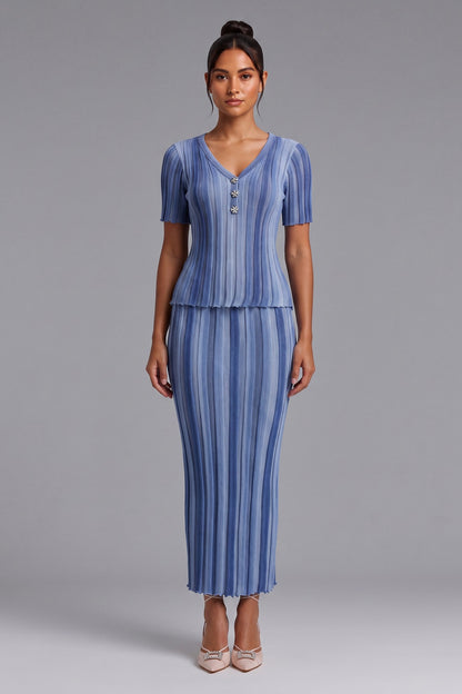 Light Blue Ribbed Knit Two-Piece Set with Gradient Stripes light blue, medium blue, denim blue ribbed knit two-piece set - product view 1