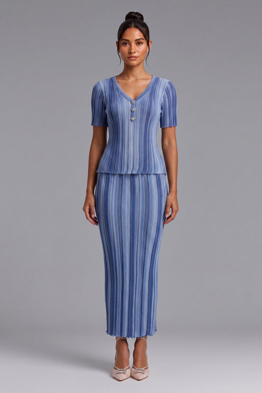 Light Blue Ribbed Knit Two-Piece Set with Gradient Stripes light blue, medium blue, denim blue ribbed knit two-piece set - product view 1