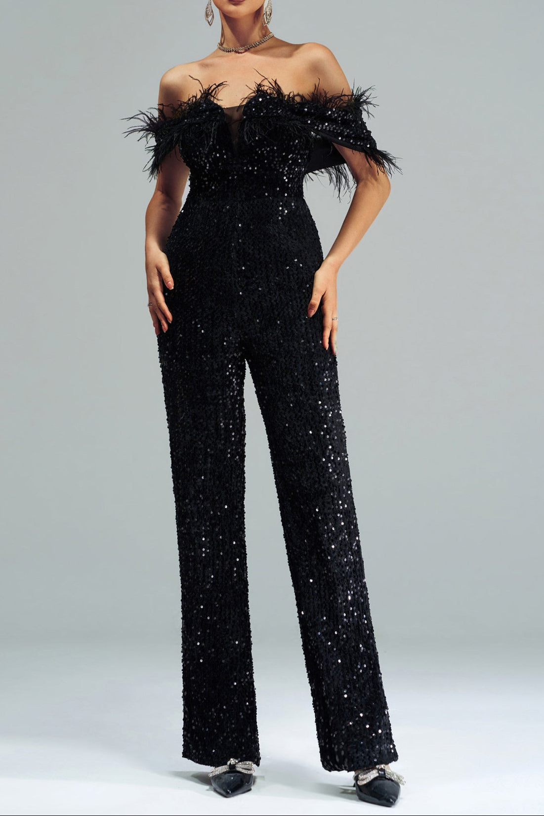 off-shoulder sequin jumpsuit in black