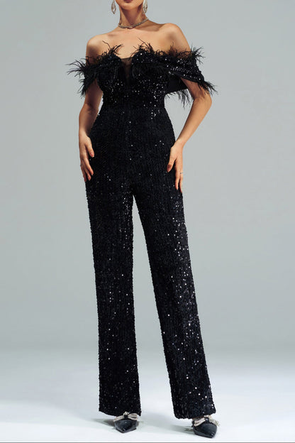 off-shoulder sequin jumpsuit in black