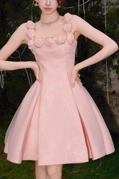 RHINESTONE ROSE APPLIQUE MINI DRESS IN PINK