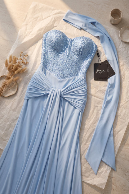 Light Blue Sequined Evening Gown with Draped Waist Premium Fabric - product view 6