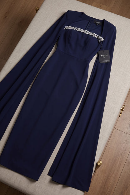 Navy Beaded Cape Sleeve Mermaid Evening Gown