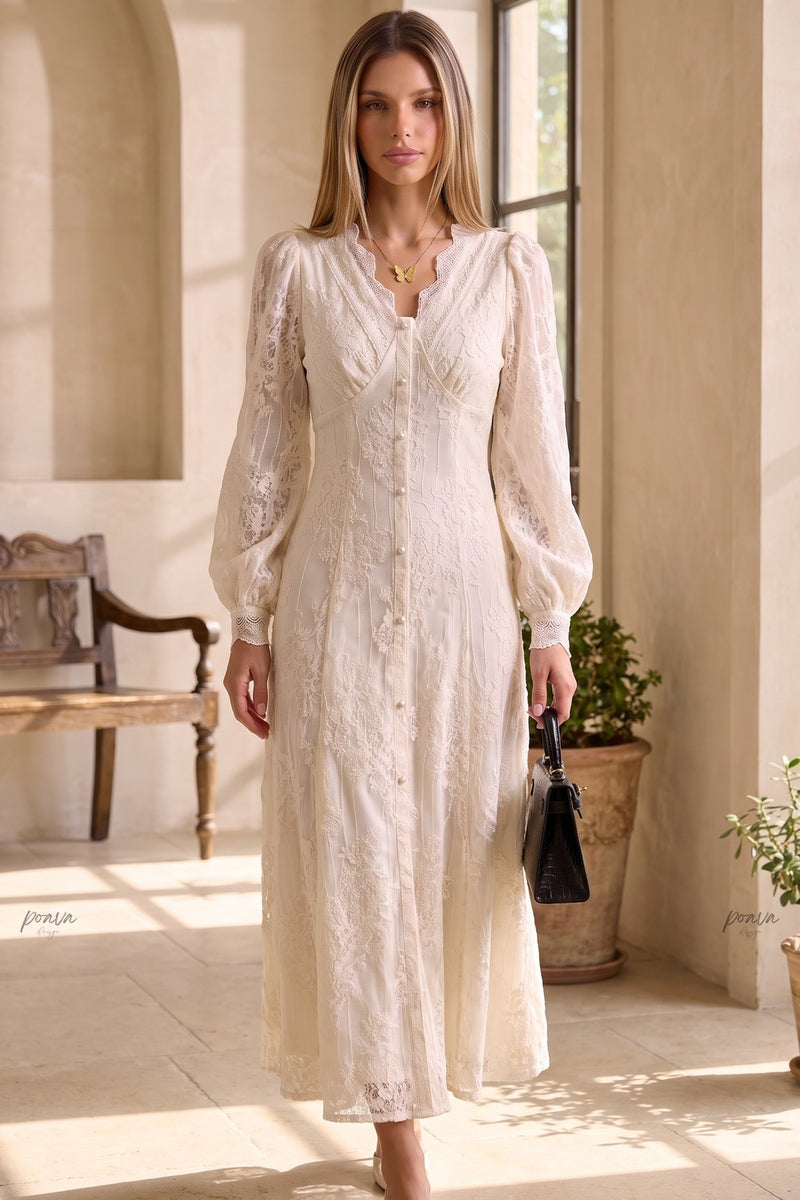 Off-White Embroidered Lace A-Line Maxi Dress